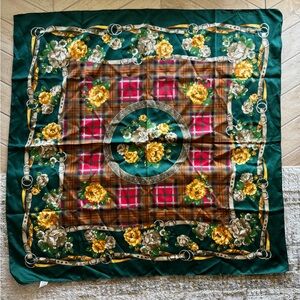 Vintage Italian Floral & Plaid Dark Green Scarf 35” square